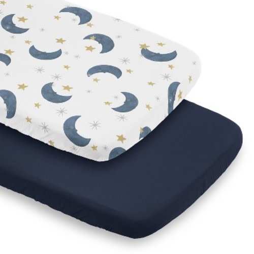 Sweet Jojo Designs Boy, Girl, Unisex/Gender Neutral Baby Bassinet Fitted Sheets Set Stars and Moon Blue Gold and White 2pc