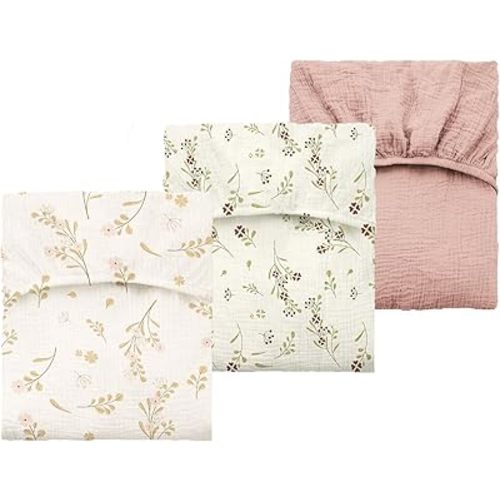 Muslin Crib Sheets for Girls Boys, Boho Soft Cotton Baby Sheet for 52" x 28" Standard Crib Mattress, 3 Pack (Pink & Floral & Blossom)