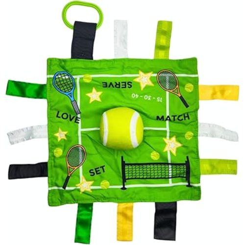 Baby Jack & Co 10x10” Tennis Sports Lovey Sensory Plush Blanket - Tag Toys for Babies - Baby Stroller Toys - Learn Shapes, Letters & Colors - Perfect MVP Baby Toy & Baby Sports Gift w/Stroller Clip