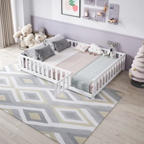 GDFStudio Grace Full-size Wooden Montessori Floor Bed with Fence and Door, White