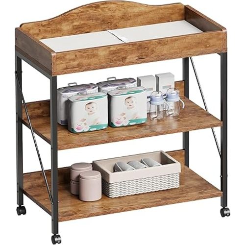 Yetom Baby Changing Table, Diaper Changing Station with Pad and Wheels, Two-Tier Open Storage Shelves, Waterproof Diaper pad & Safety Strap,Compact Baby Furniture for Nursery, Rustic Brown