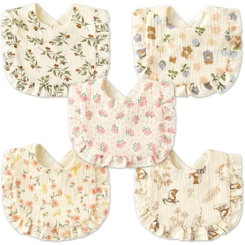 Zainpe 5Pcs Snap Muslin Cotton Baby Drooling Bibs with Flounce Lace Absorbent Layers Soft Burp Cloths for Infant