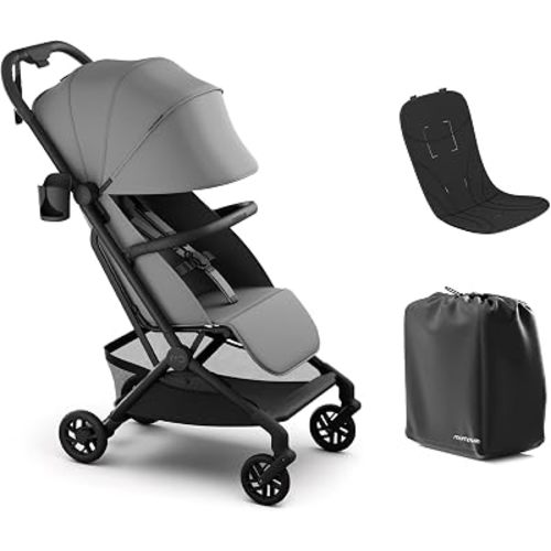 Mompush Velo Lightweight Travel Stroller, Compact & Airplane-Friendly Design with One-Hand Fold, Lie-Flat Recline from Newborn to Toddler, Includes Leather Bumper Bar, Raincover & Cup Holder