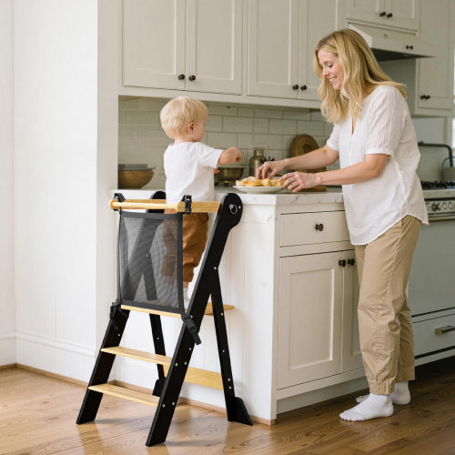 Harriet Bee 35.4'' Foldable Adjustable Toddler Stool with Safety Rail, Kids Wooden Learning Tower | Wayfair