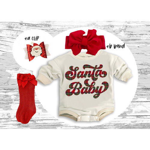 Christmas Baby Outfit: Santa Tartan Romper, Bow Clip, Headband & Socks
