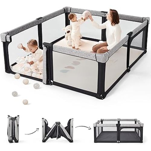 Sweeby Baby Playpen, 59x59 Inch Baby Gate Playpens for Babies and Toddlers, Extra Large Playpen with Door Play Yard for Fence Indoor and Outdoor Play Pen, Obsidian Black