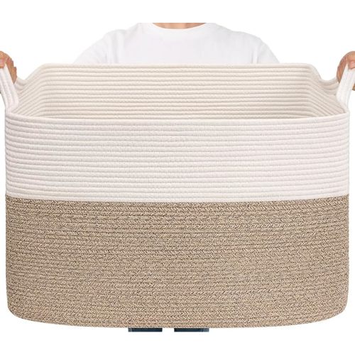 Goodpick Large Woven Blanket Basket 105L, 25"x16"x16" Cotton Rope Organizer for Toys, Dirty Clothes, Extra Large Rectangle Storage Basket for Living Room, Bedroom, White & Brown