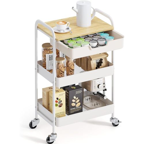 3-Tier Metal Utility Rolling Cart with Drawer