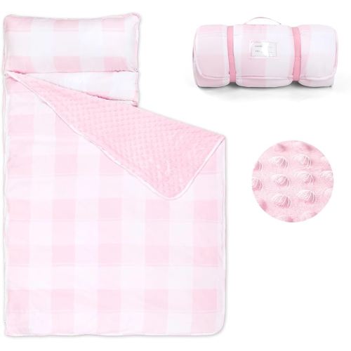 DILIMI Toddler Nap Mat, Toddler Sleeping Bag with Removable Pillow and Blanket 55 '' x 20'', Kids Nap Mat for Preschool Daycare, Pink Checkered