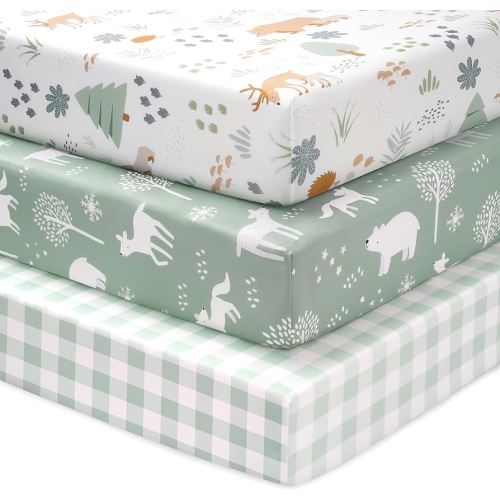 Baby Mini Crib Sheets Boy, Portable 38”x26” Pack and Play Sheets Fitted for Playard and Pack N Play Mattress, 3-Pack Soft Microfiber Green Forest Bear