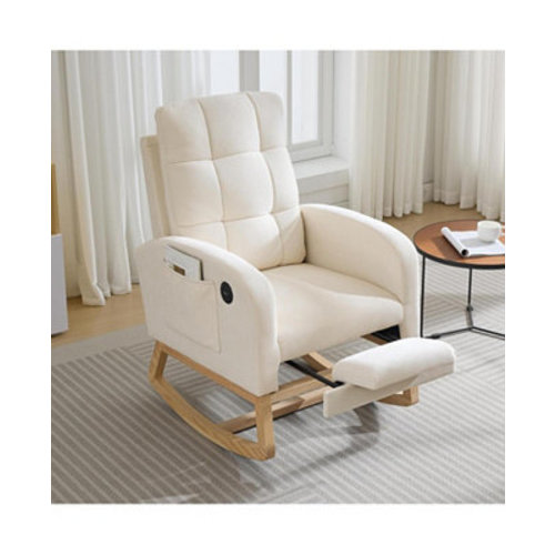 Nursery Rocking Chair,Glider Rocker Chairs,Modern Rocking Armchair with Footrest,Side Pocket,USB Port,Linen Fabric Upholstered Glider Chair