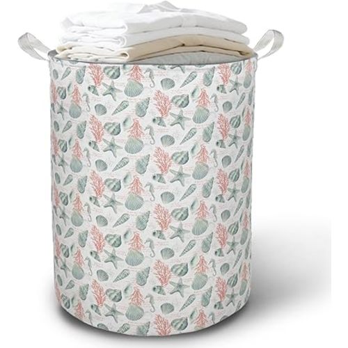 Coastal Beach Laundry Basket Hamper, Ocean Nursery Decor, Blue Seahorse Seashell Starfish Coral Foldable Clothes Toys Books Storage Box Bins Baskets Organizer for Kids Bedroom Bathroom