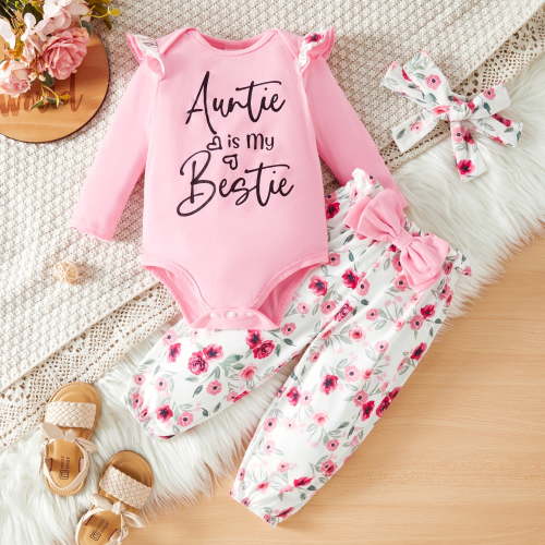 PatPat Baby Clothes for Girls Long Sleeve Ruffle Romper Floral Pants with Cute Headband Pink 3-6 Months