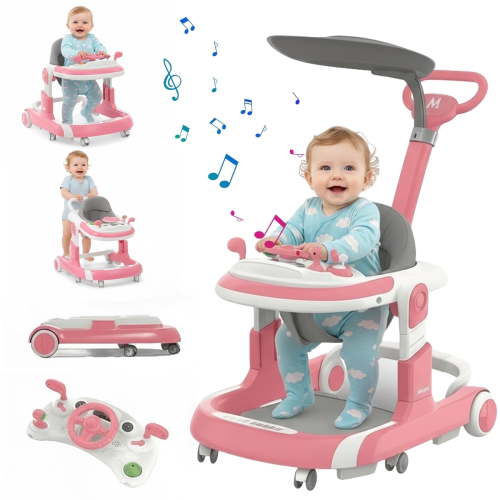 LUOLUO 5-in-1 Foldable Baby Walker with Foot Pads/Handles for Boys and Girls 6-24 Months,Height-Adjustable Push Walker, Pink