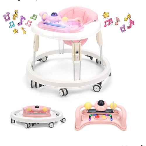 Baby Walker with Wheels,Music and Lights Baby Walker for Boys Girls 6-12 Months,Foldable Baby Walkers and Activity Center,Toddler Infant Walker with 7-Speed Height Adjustment,Detachable Plate,Pink