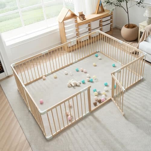 GGF Wooden Baby Playpen Foldable Play Yard with Gate 86”x58“ Natural Wood | Foldable wooden playpen, dual-lock gate, natural pine, non-toxic no paint no odor, indoor/outdoor, CPSC compliant, tool-free