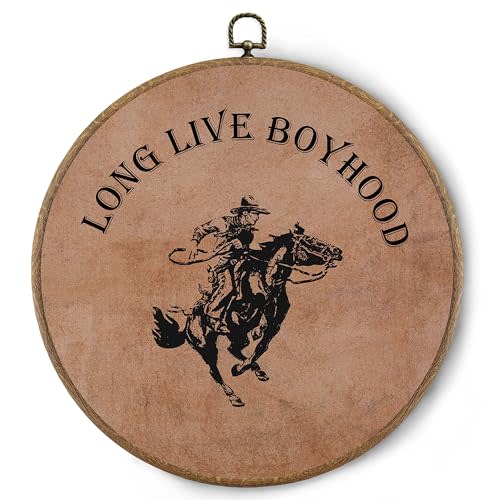 BitKAM Vintage Boy Nursery Round Wall Art Decor, Long Live Boyhood Canvas Prints Framed, Retro Cowboy Wall Hanging Decorations for Kids Boys Nursery Bedroom Playroom, 10x10 Inch Wall Home Décor Products
