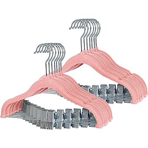 Finnhomy Non-Slip Clothes Hangers for Baby and Kids 20-Pack Velvet Hangers with Movable Clips, Heavy-Duty and Space-Saving for Pants,Skirts, Coat, Pink