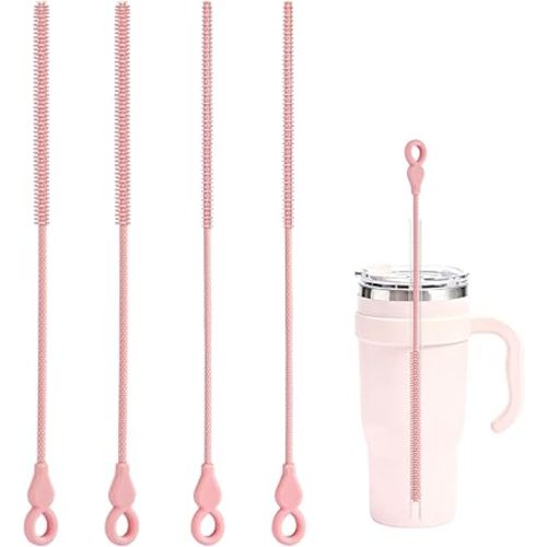Silicone Straw Cleaner Brush, 4-Piece Reusable Straw Brush Set with Extra-Long Design for Cleaning Thin Metal Straws and Wider Milkshake Straws （6mm+9mm Pink)
