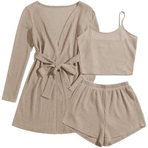 Ekouaer Womens 3 Piece Waffle Knit Lounge Set Soft Pajama Sets Tank Top and Shorts Cardigan with Pockets S-XXL