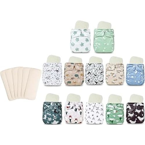 KaWaii Baby Super Value Cloth Diaper Pack- 12 One Size Printed Snap + 12 Premium 5-Layer Inserts + 6 Free Premium Inserts, Wateproof Reusable Nappies Boys Girls 8-36 lbs