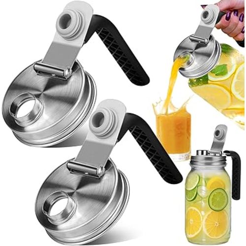 Mason Jar Pour Spout Lid Stainless Steel with Handle, Regular Mouth Pour Spout Flip Cap Lids for Mason Jars, Anticracking Leak Proof Seal Cover Airtight for Drinking Salad Dressing Food Storing(2PCS)