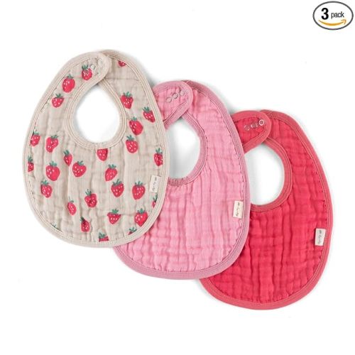 Itzy Ritzy Set of 3 Baby Bibs - Ultra-Soft Adjustable Infant & Toddler Bibs Made of Triple-Layer Cotton Muslin, Ideal for Drooling, Teething, & Eating - 3 Stylish, Coordinating Prints (Strawberry)