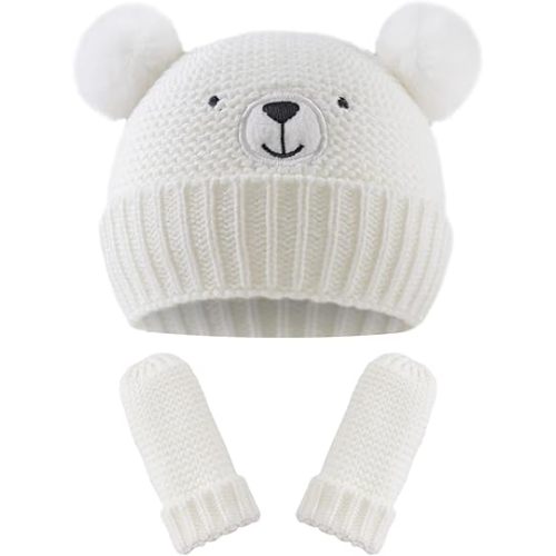 JANGANNSA Cute Bear Baby Beanie Pompom Baby Boys Hat Infant Toddler Winter Knitted Beanies for Girls