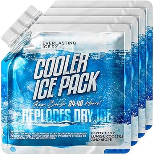 Everlasting Ice RX Reusable Ice Packs for Cooler (4 Pack) Up to 48 Hours Freezer Packs for Coolers and Lunch Boxes | 10 x 10 in | Cooler Ice Packs for Camping, Fishing, Beach, Road Trips