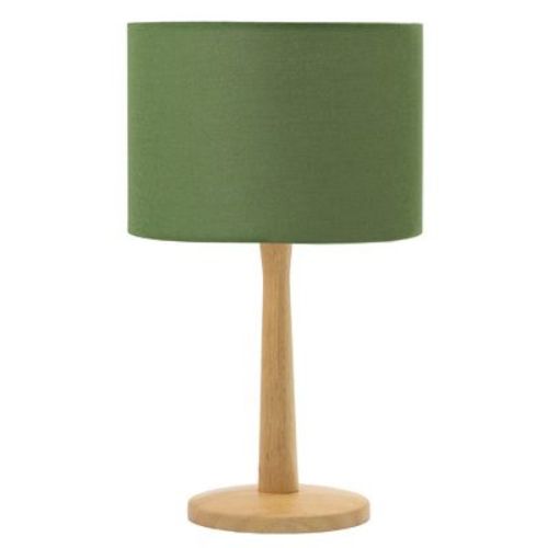 Natural Wood Table Lamp with Green Linen Shade and Adjustable Dimmer Switch