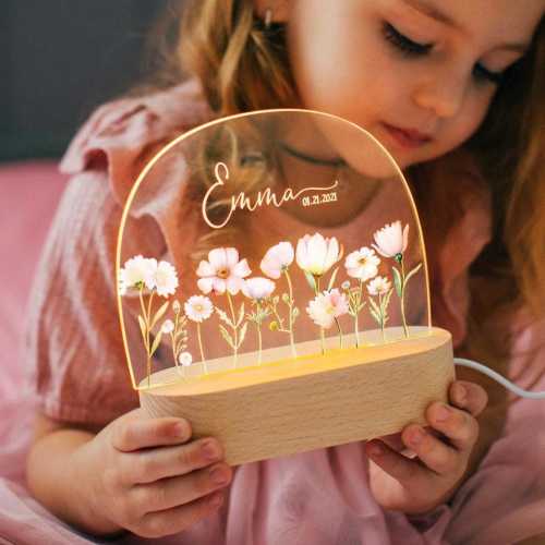 Custom Night Light for Baby Girl, Toddler Bedside Night Light, Custom Name Lamp, Floral Night Light for Nursery Decor, New Baby Gift
