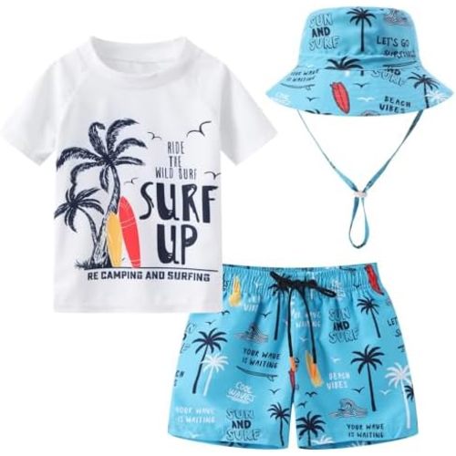 Toddlers Baby Boys' 3-Piece Swimsuit Trunk Rashguard Set and Sun Hat Swimwear Bathing Suit UPF 50+