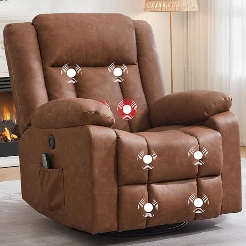 Korser Rocker Recliner, Glider Recliner Chairs for Adults, 360° Swivel Rocking Chair with Massage and Heating, Nursery Chair with Storage and USB Charging for Living Room, Bedroom, Nursery