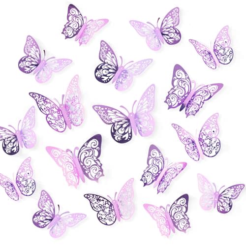 72 Pcs Butterfly Decorations, 3 Sizes 3 Styles, 3D Butterfly Wall Decor, Party Decorations, Birthday Decorations, Butterflies for Crafts, Cake Decorating, Wall Stickers Room Decor, Pale Plum