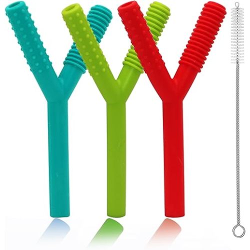 Teether Tubes for Babies 3-6 Months, 3 Pack Silicone Hollow Chew Tube Toy for Autistic Children, Y Shape Chewable Straw Baby Teether Toys for Infants Autism with Teething Nursing Biting Chewing