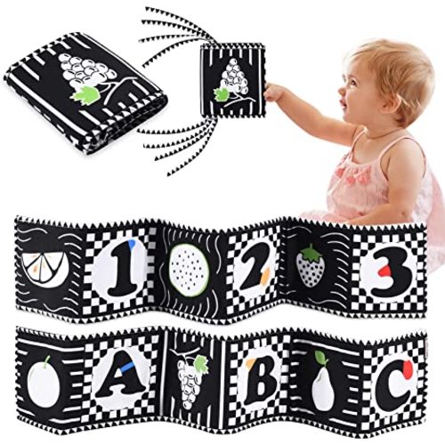 Black and White High Contrast Baby Toys Book - Folding Tummy Time Toys Newborn Toys 0-3 Months Brain Development for Early Education Infant Babies Boys Girls Sensory Soft Cloth Books - style 2