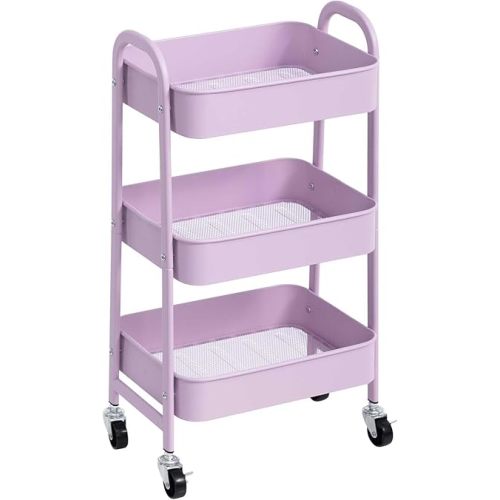 AGTEK Makeup Cart, Movable Rolling Organizer Cart, 3 Tier Metal Utility Cart with Lockable Wheels for Home & Office, Purple