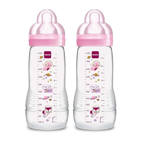 MAM Easy Active Baby Bottles 11oz, Fast Flow Skinsoft Silicone Nipple with Wide Neck Ergonomic Design, Easy to Hold, BPA-Free, Bottles with Leak-Proof Caps for 4+ Months Baby