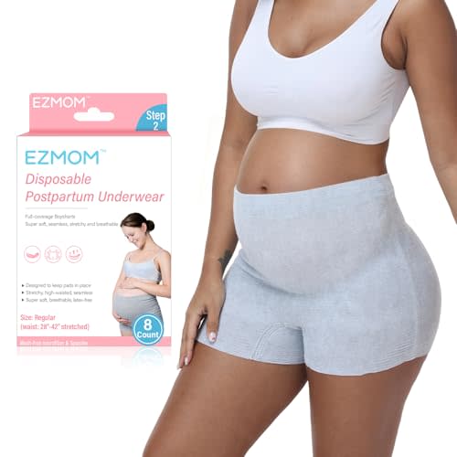 Postpartum Underwear, 8 Pcs Disposable Postpartum Essentials, High Waisted Stretch Maternity Boyshort Panties, Breathable After Birth Recovery, Hospital Bag Essential, Waist 28"-42", Grey