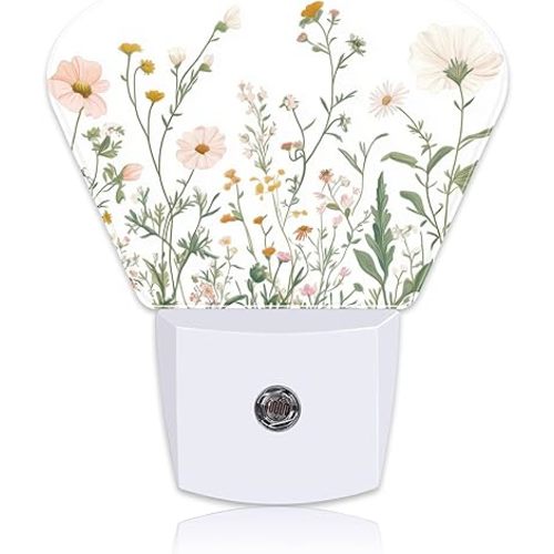 Wildflowers Plug in Night Lights, Watercolor Colorful Wildflowers Nightlight Plug Into Wall Dusk to Dawn Sensor for Kid Girls Boys Women Men Room, Hallway, Kitchen, Bathroom, Stairs Decor