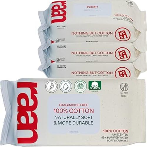 Raan, 100% Cotton Baby & Toddler Wipes, Unbleached, 99% Purified Water, Unscented, EWG verified, Made for Sensitive Skin, Extra Soft and Durable, 4 pack, 240 Count