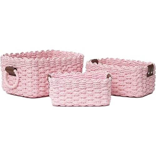 Small baskets for Organizing,Cute woven Storage basket with recycled paper rope for Shelves Bathroom,Little decorative basket,Set of 3 (Pink)