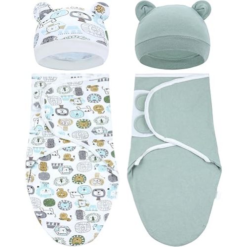 Cinaci 2 Pieces Adjustable Soft Cotton Baby Swaddle Sleep Sacks Hats Newborn Nursery Caps Beanies Bonnets Swaddle Blanket Wraps for Baby Girls Boys Infants Newborns (2PCS S10)