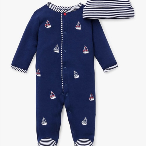 Little Me Baby Boy Clothes 2-Piece Baby Sleeper and Cap Set, 100% Cotton Footies Baby Essentials, Preemie to 9 months