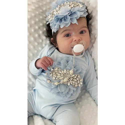 Baby Girl Blue Infant Layette Cotton Baby Romper with Large Flower and Rhinestones blue baby romper with rhinestones and matching hat