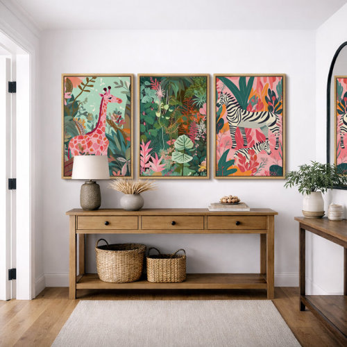 Bright Preppy Animals "Dreamy Safari Pink Green Animal Illustration Artwork, Boho Nursery Kid's Room Decor Wall Pictures, Framed Canvas Giclée Print 3 Pieces Wall Art x3 pcs | Wayfair