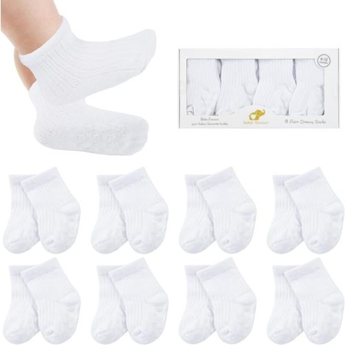 BEBE FAVOUR 8 Pairs Baby Socks with Grips Cotton Terry Non Slip Walking Socks Cute Gifts for Newborn Infant Girl Boy (US, Age, 0 Months, 6 Months, White)