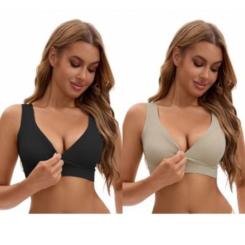 INSPIRE CHIC Nursing Bra for Women's Crossover Push Up Wirefree Sleep Breastfeeding Maternity Bralette 2 Packs 1 Black+1 Light Brown Medium