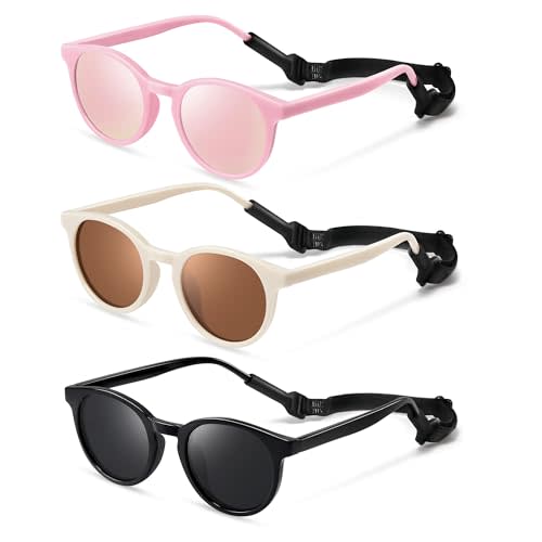 Vcarsian Cute Kids Polarized Sunglasses,Baby Sun Glasses with Strap for Toddler Girls Boys Flexible Round UV400 Protection