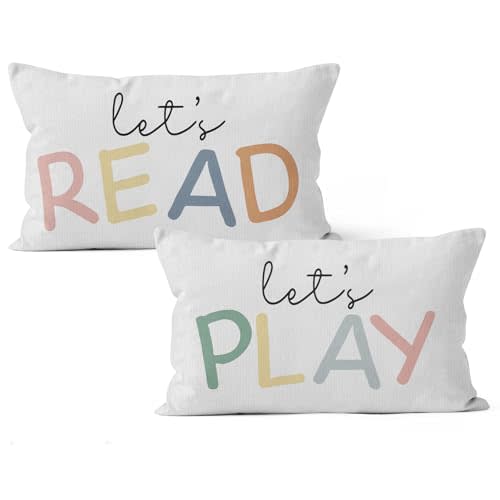 HIWX Kids Playroom Decor, Classroom Throw Pillows Cover,Let's Read Play Decorative 12 x 20 Throw Pillow Cover,Lets Play Read Kids Reading Corner Room Playroom Nursery Decor Set of 2 Pillowcase